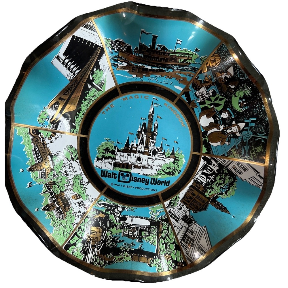 Vintage Walt Disney World Magic Kingdom Smoky Glass Trinket Dish 8 Inches EUC